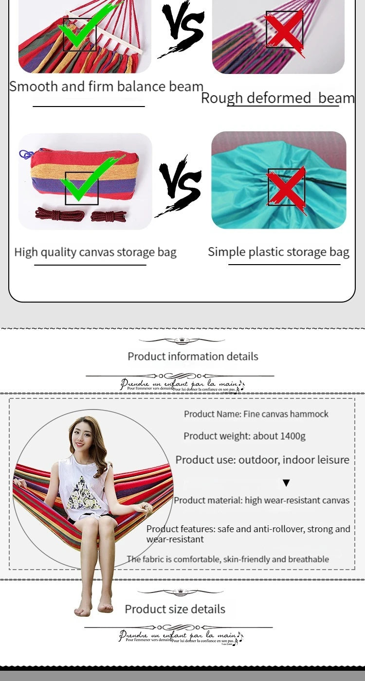 Single Double hammock 200X150cm outdoor anti-rollover canvas hammock swing mesh wooden stick double thickening