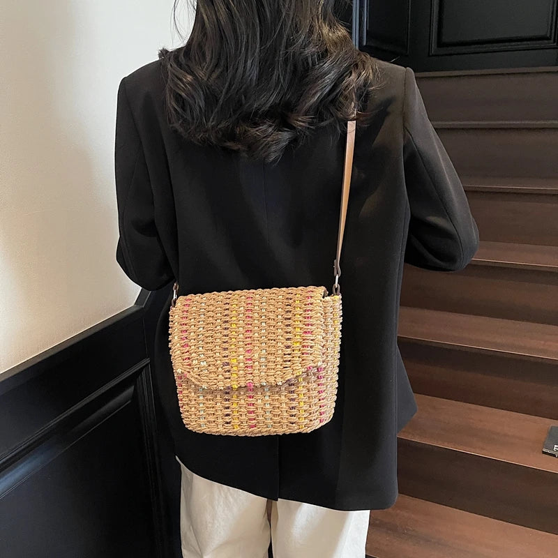 LEFTSIDE Elegant Straw Flap Shoulder Bag for Women