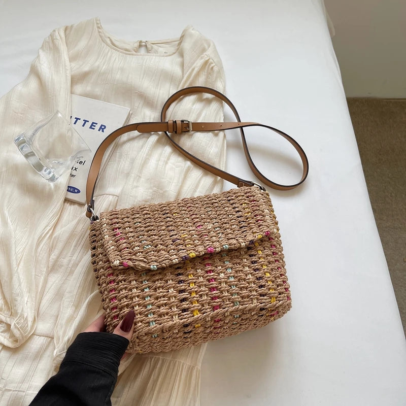 LEFTSIDE Elegant Straw Flap Shoulder Bag for Women