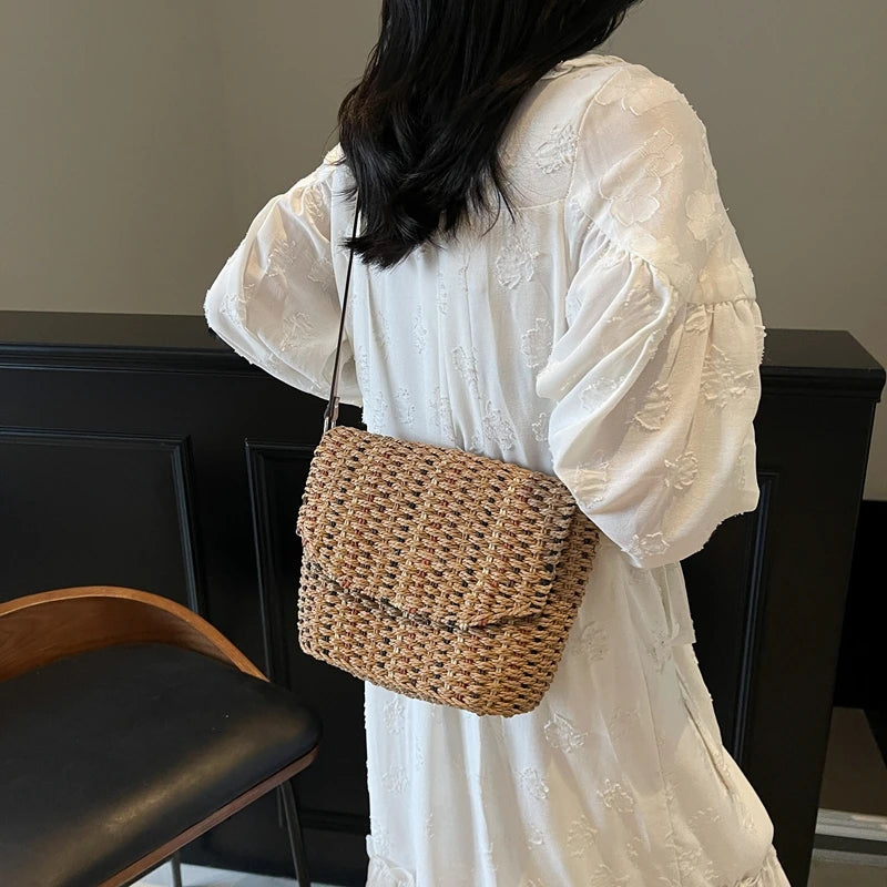 LEFTSIDE Elegant Straw Flap Shoulder Bag for Women