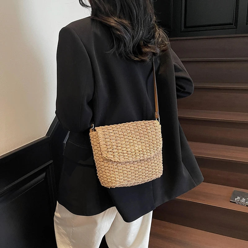 LEFTSIDE Elegant Straw Flap Shoulder Bag for Women