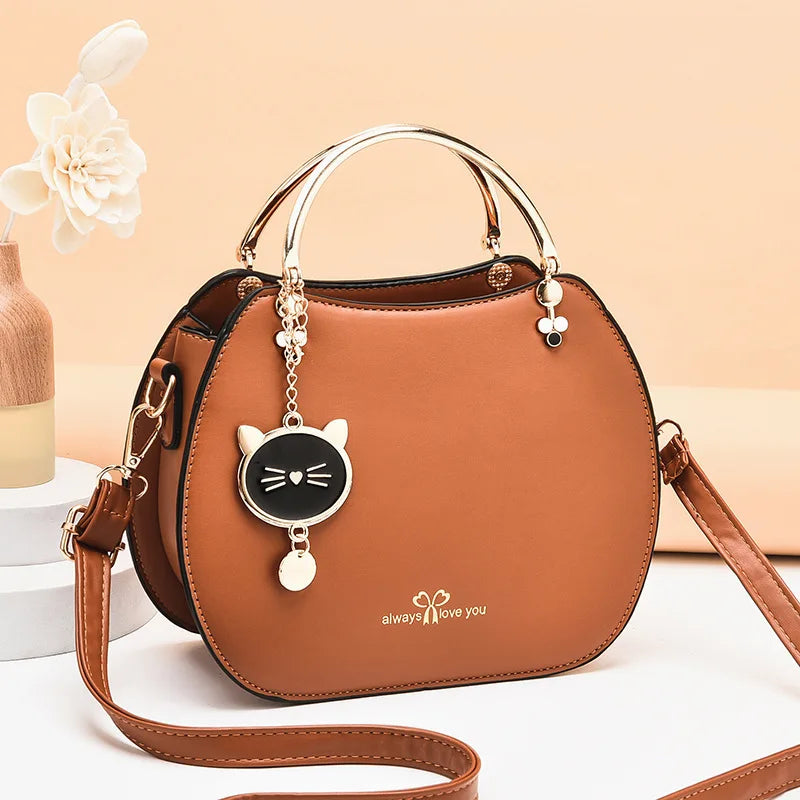 Elegant Cat Charm Shell Bag - Women's Crossbody