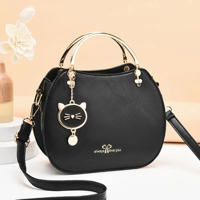 Elegant Cat Charm Shell Bag - Women's Crossbody