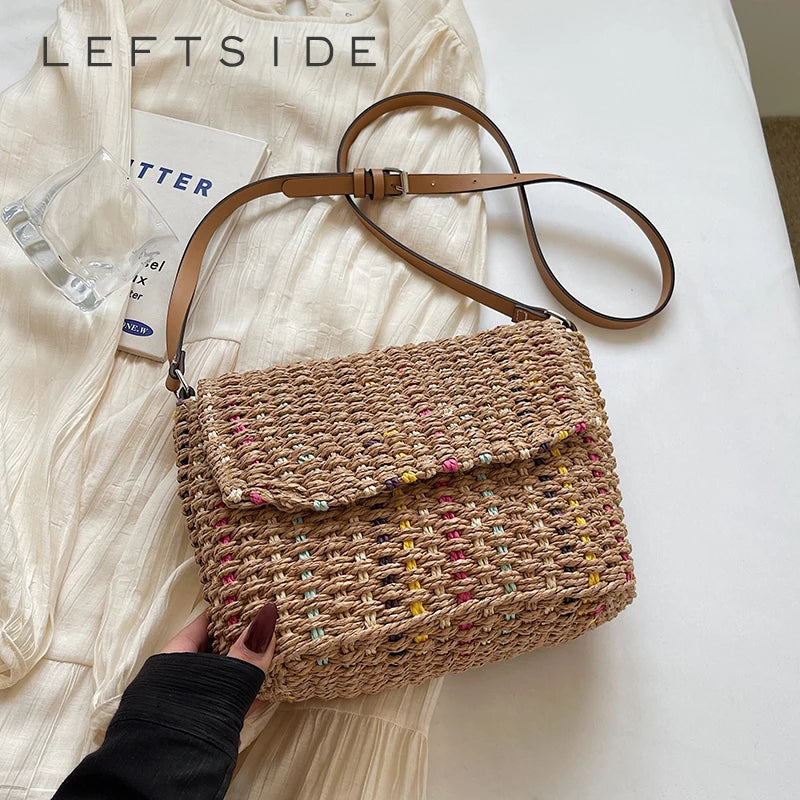 LEFTSIDE Elegant Straw Flap Shoulder Bag for Women
