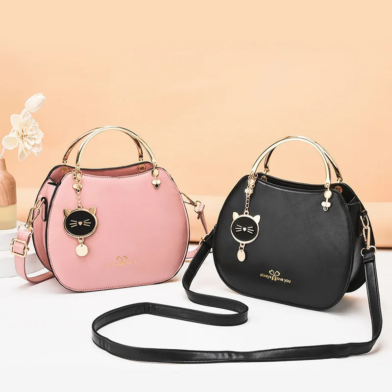 Elegant Cat Charm Shell Bag - Women's Crossbody