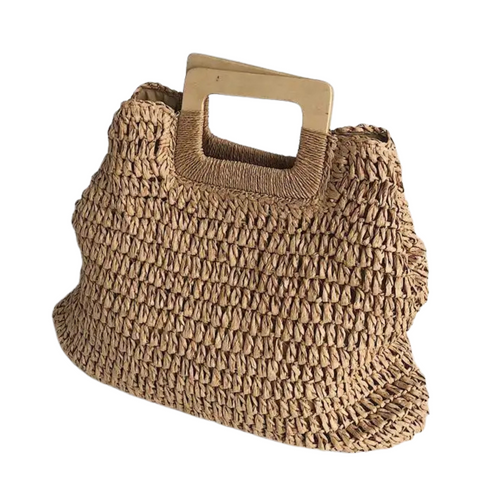 Elegant Woven Straw Handbag with Wooden Handle