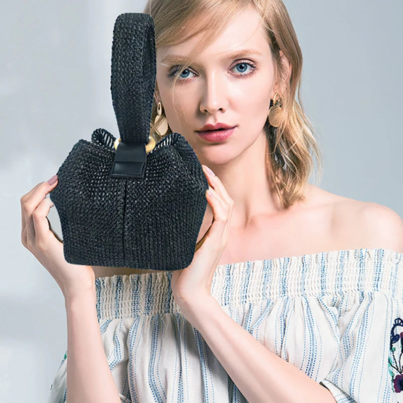 Elegant Straw Crossbody Handbag with Lock Closure