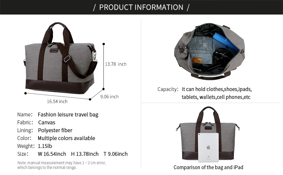 Elegant Vintage Canvas Travel Duffle Bag