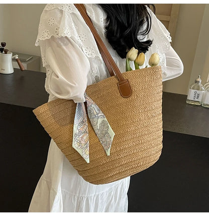 Elegant Woven Tote Bag with Scarf Accent