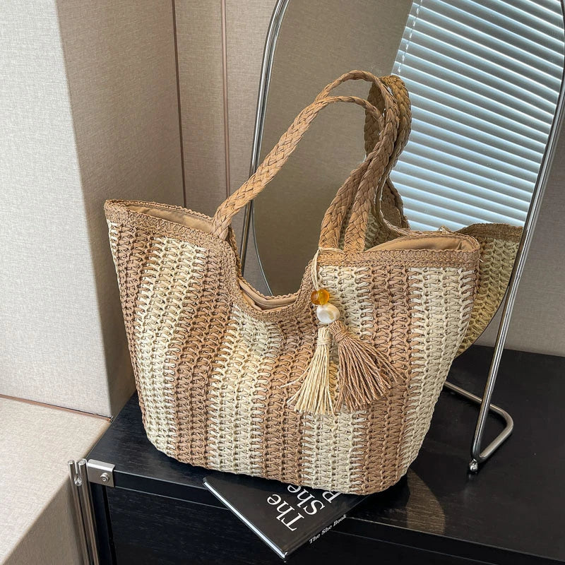 Elegant Striped Straw Tote Bag with Tassel Charm