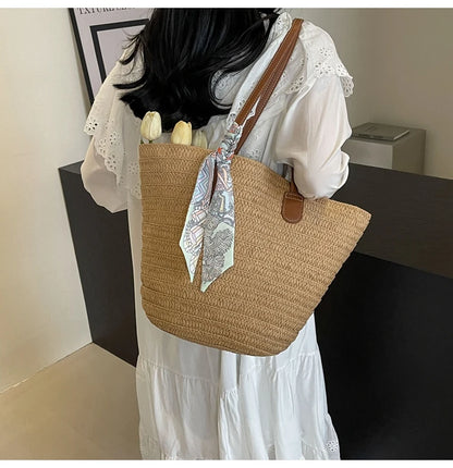 Elegant Woven Tote Bag with Scarf Accent