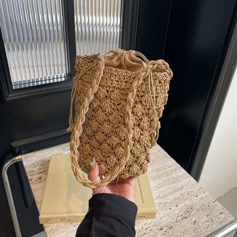 Exquisite Women's Straw Bucket Bag - Bohemian Elegance