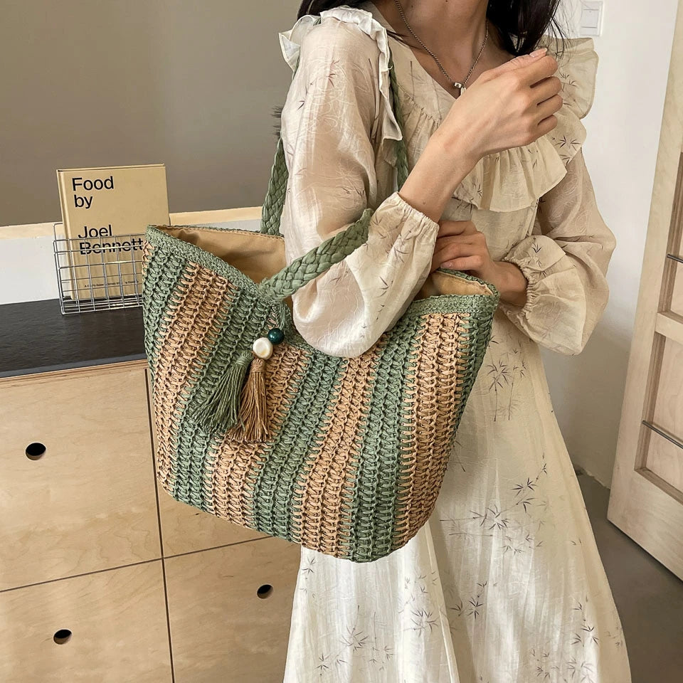 Elegant Striped Straw Tote Bag with Tassel Charm