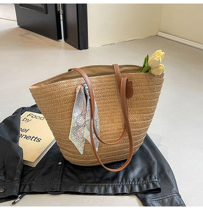 Elegant Woven Tote Bag with Scarf Accent