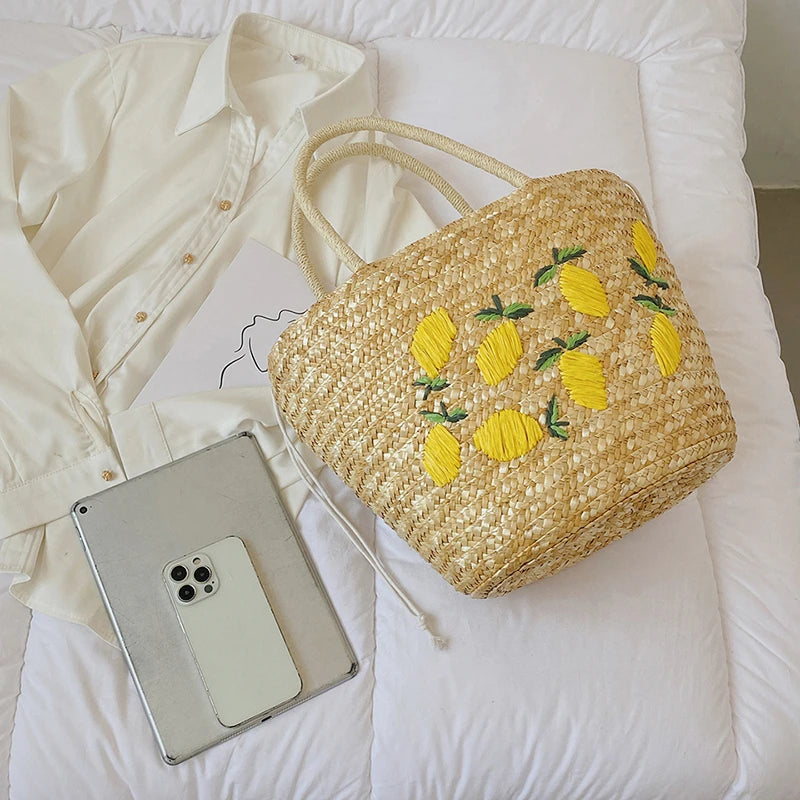 Elegant Handwoven Lemon Embroidery Tote