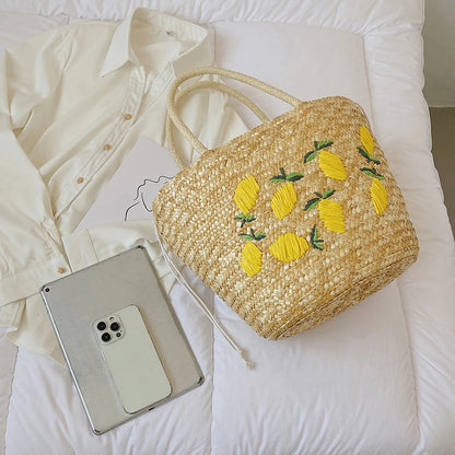 Elegant Handwoven Lemon Embroidery Tote