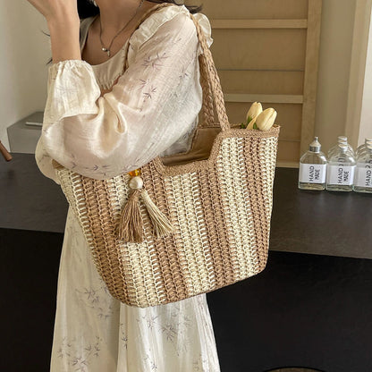 Elegant Striped Straw Tote Bag with Tassel Charm