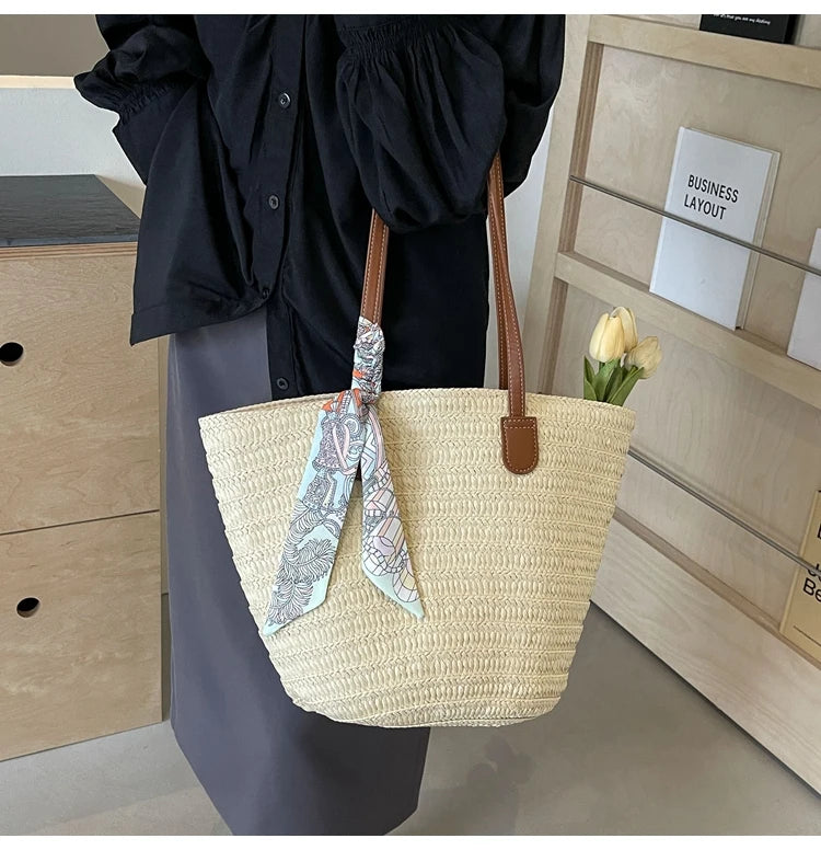 Elegant Woven Tote Bag with Scarf Accent