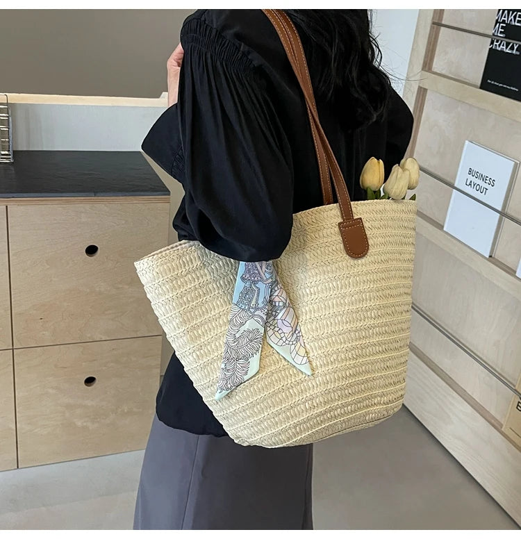Elegant Woven Tote Bag with Scarf Accent