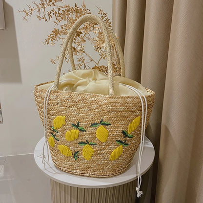 Elegant Handwoven Lemon Embroidery Tote