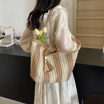 Elegant Striped Straw Tote Bag with Tassel Charm