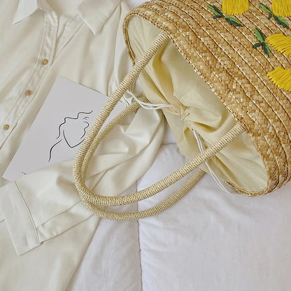 Elegant Handwoven Lemon Embroidery Tote