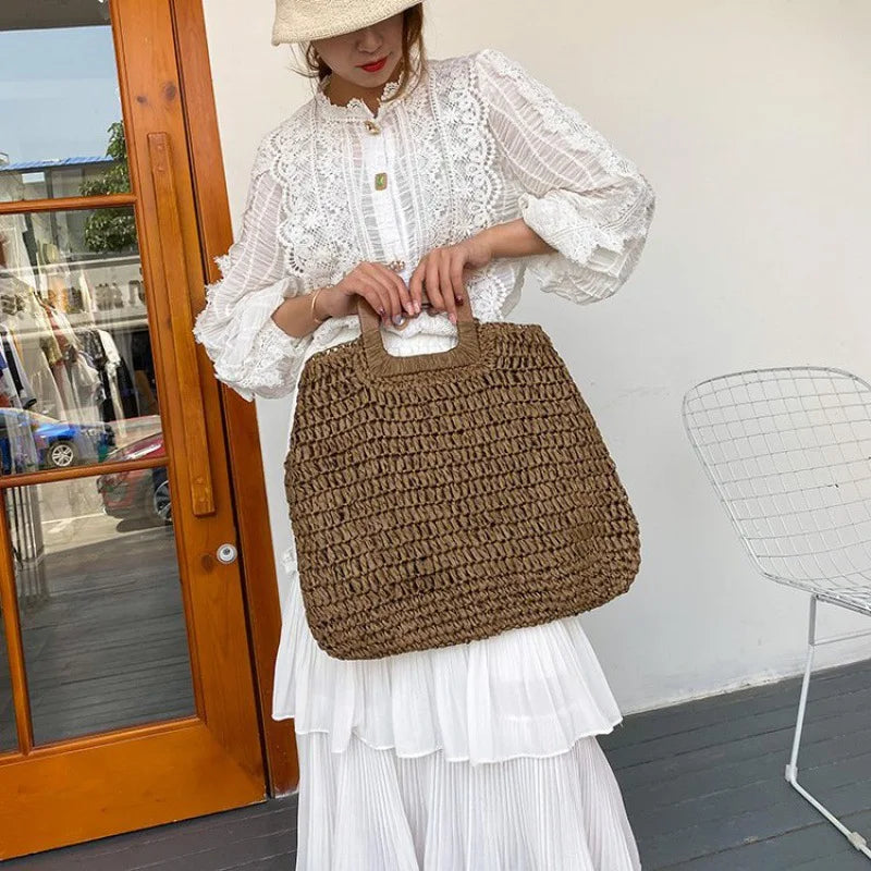 Elegant Woven Straw Handbag with Wooden Handle