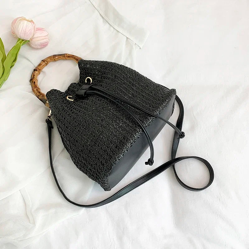 Exquisite Rattan Bucket Bag with Bamboo Handle