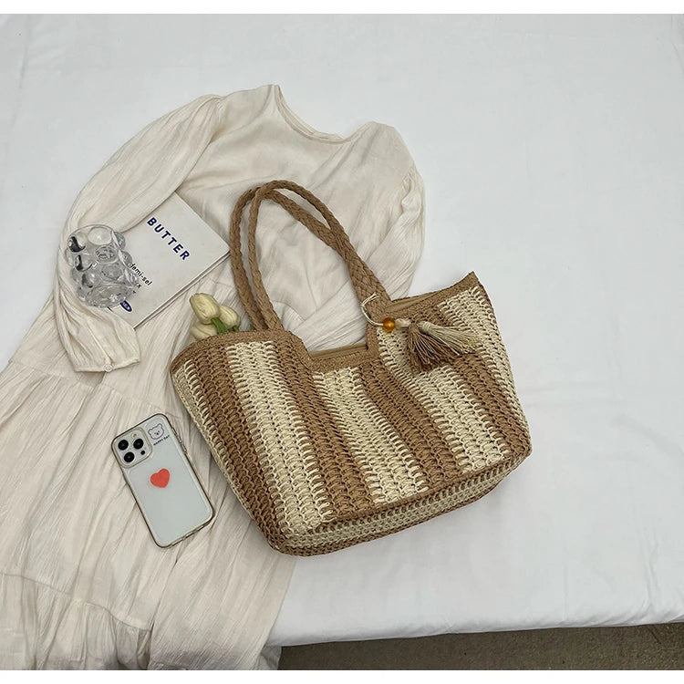 Elegant Striped Straw Tote Bag with Tassel Charm