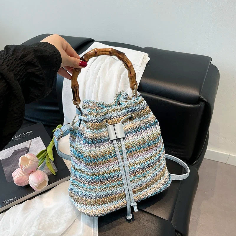 Exquisite Rattan Bucket Bag with Bamboo Handle