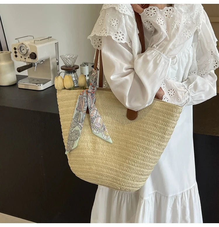 Elegant Woven Tote Bag with Scarf Accent
