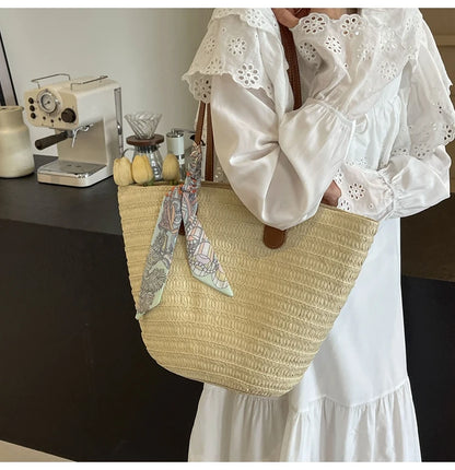 Elegant Woven Tote Bag with Scarf Accent
