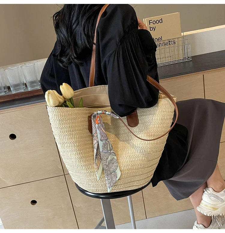 Elegant Woven Tote Bag with Scarf Accent