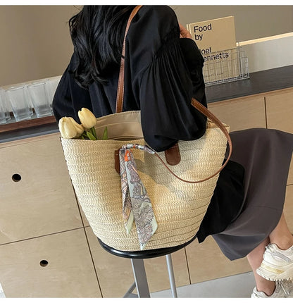 Elegant Woven Tote Bag with Scarf Accent