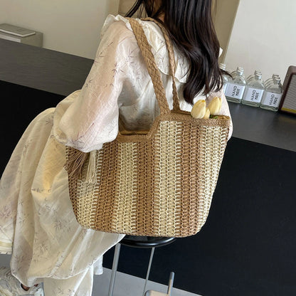Elegant Striped Straw Tote Bag with Tassel Charm