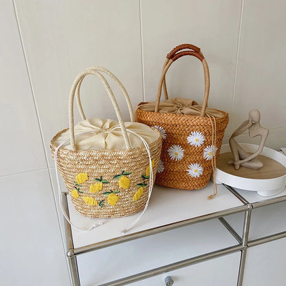 Elegant Handwoven Lemon Embroidery Tote