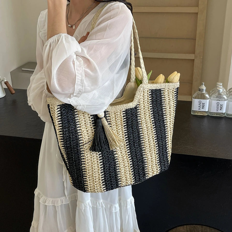 Elegant Striped Straw Tote Bag with Tassel Charm