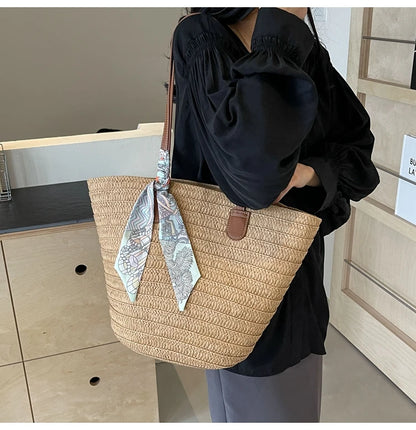 Elegant Woven Tote Bag with Scarf Accent