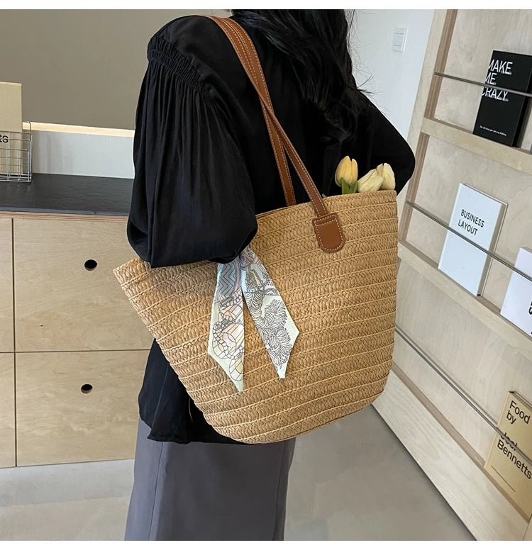 Elegant Woven Tote Bag with Scarf Accent