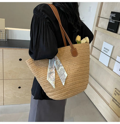 Elegant Woven Tote Bag with Scarf Accent