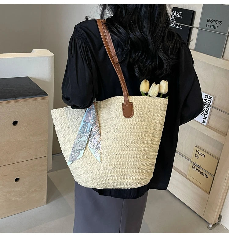 Elegant Woven Tote Bag with Scarf Accent