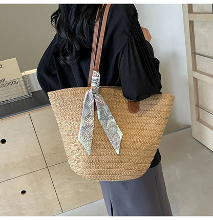 Elegant Woven Tote Bag with Scarf Accent
