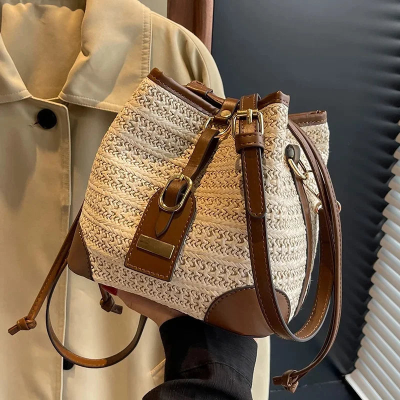 Exquisite Woven Straw Bucket Bag - Women's Fashion