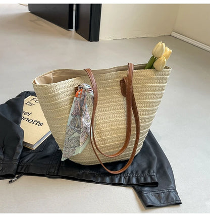Elegant Woven Tote Bag with Scarf Accent