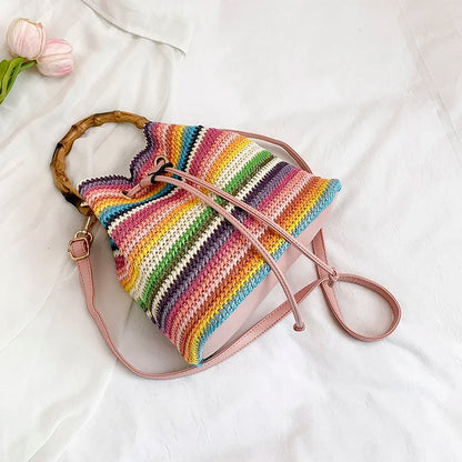 Exquisite Rattan Bucket Bag with Bamboo Handle