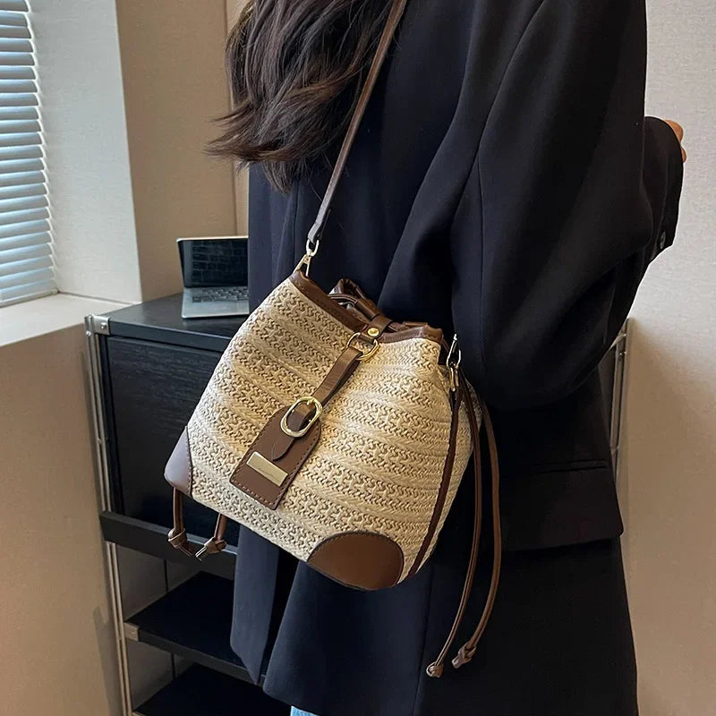 Exquisite Woven Straw Bucket Bag - Women's Fashion