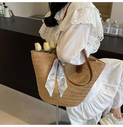 Elegant Woven Tote Bag with Scarf Accent