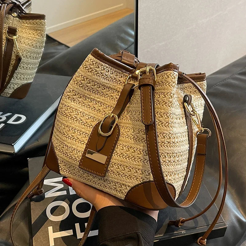 Exquisite Woven Straw Bucket Bag - Women's Fashion