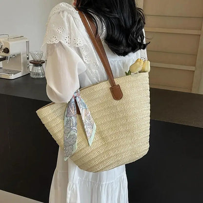 Elegant Woven Tote Bag with Scarf Accent