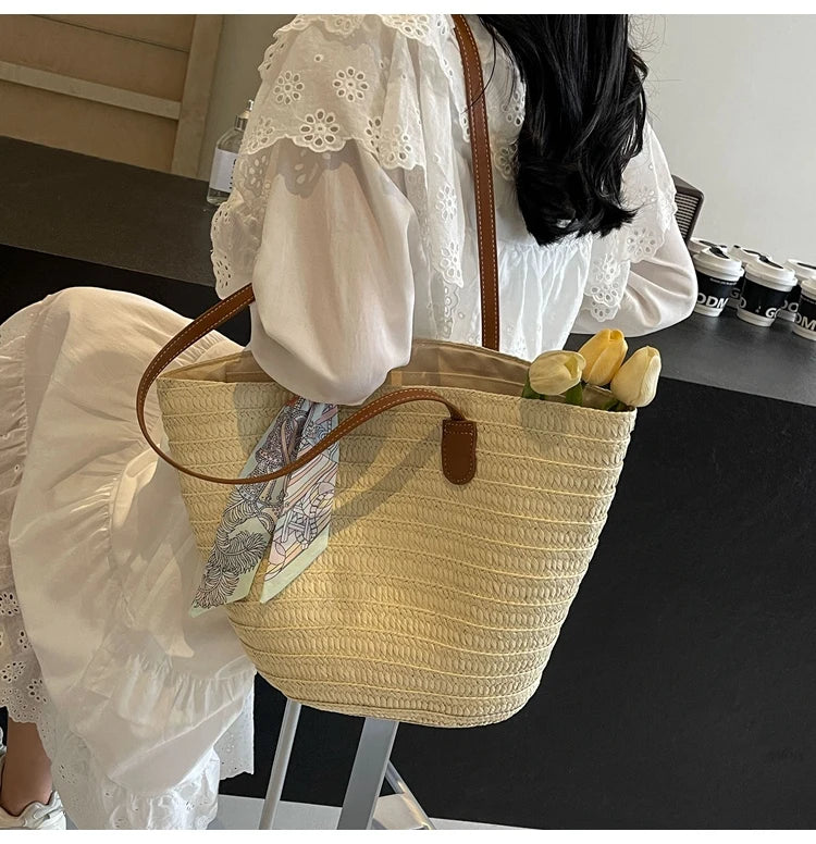 Elegant Woven Tote Bag with Scarf Accent